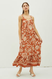 Caramel Floral Print V-Neck Wide Strap Tie Back Maxi Dress