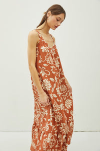 Caramel Floral Print V-Neck Wide Strap Tie Back Maxi Dress