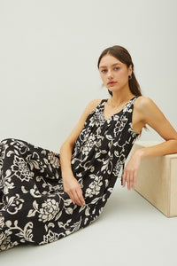Black Floral Print V-Neck Wide Strap Tie Back Maxi Dress