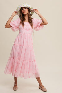 Ballerina Pink Flower Embroidered Puff Sleeve Tiered Maxi Dress