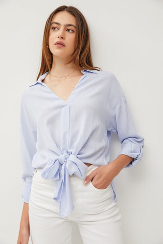 Pale Blue V-Neck Tie Front Roll Up Sleeve Shirt