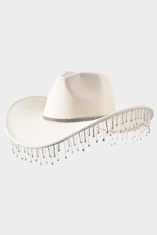 Ivory Rhinestone Band Paved Fringe Cowboy Western Hat  display picture 3
