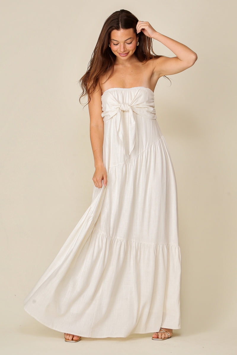 Strapless White Pleated Maxi Dress