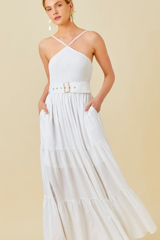 White Smocked Halter Maxi Dress With Belt Aquarius Brand White Smocked Halter Maxi Dress With Belt Aquarius Brand