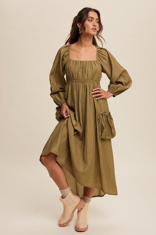 long sleeve slouchy dress Olive Long Sleeve Maxi Dress with Slouchy Pocket Details – Aquarius Brand