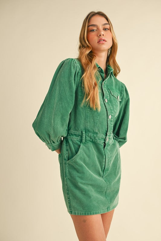 Kelly Green Corduroy Button Down Dress  Aquarius Brand