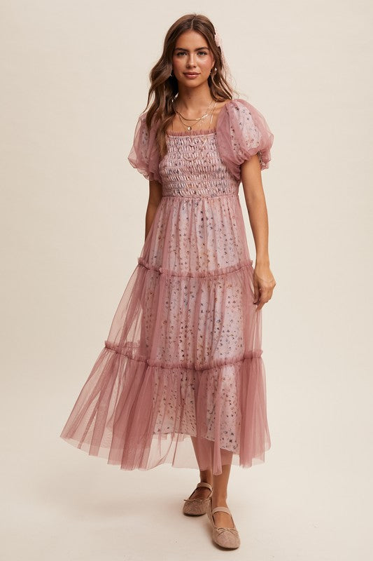 Dusty Rose Floral Print And Mesh Puff Sleeve Maxi Dress – Aquarius Brand