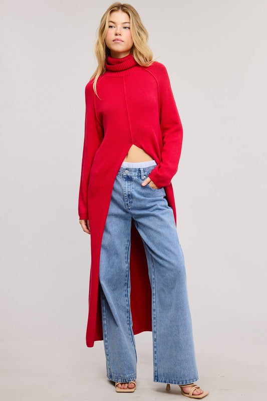 Red Turtleneck Tunic Sweater Dress With Slit – Aquarius Brand Red Turtleneck Tunic Sweater Dress With Slit – Aquarius Brand
