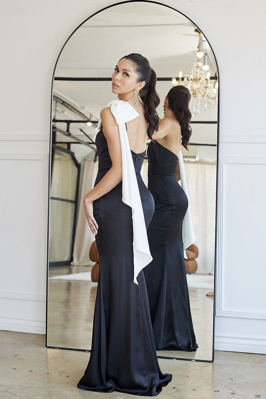 black and white satin maxi dress Black/White One Shoulder Bow Detail Satin Maxi Dress – Aquarius Brand