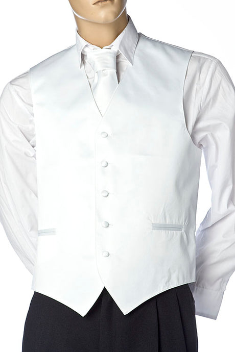 White/ Men's Plain Satin Vest, Solid Colors With Tie Set
