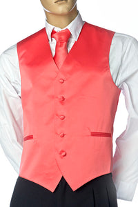 Coral Men's Plain Satin Vest, Solid Colors With Tie Set