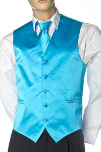 Blue Saphire Men's Plain Satin Vest, Solid Colors With Tie Set