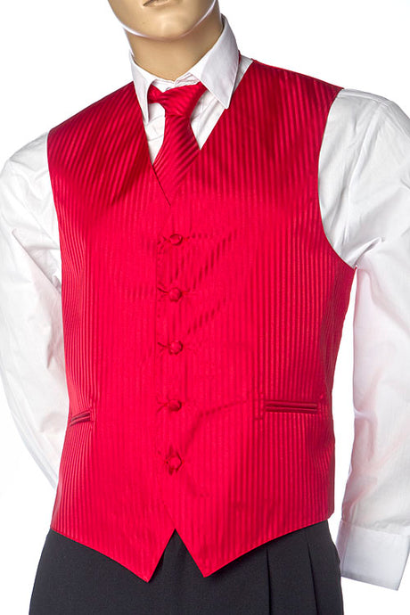 Red Men's Vertical Design Dress Vest And Necktie Set For Suit Or Tuxedo