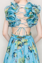 Blue Organza Ruffle Shoulders Floral Tulle Maxi Dress
