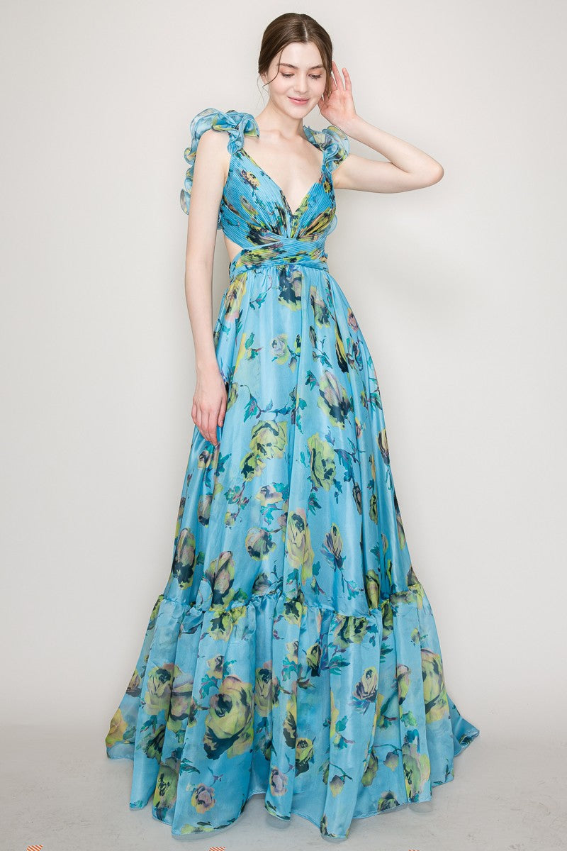 Blue Organza Ruffle Shoulders Floral Tulle Maxi Dress – Aquarius Brand