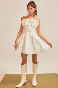 White Sleeveless Top Ruffle And Smoking Solid Mini Dress