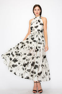 White/Black Sleeveless Halter Neck Floral Print Midi Dress