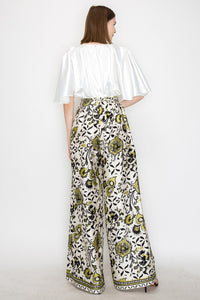 Green Multi Satin Floral Print High-Waisted Wide Pants