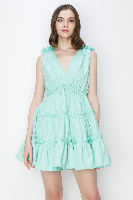 Aqua V-Neck Ruffled Mini Dress