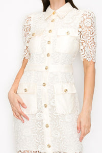 Cream Puff Short Sleeves Buttoned Flower Lace Midi Dress