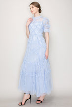 Lt.Blue Short Sleeves Dotted Tulle Ruffle Maxi Dress
