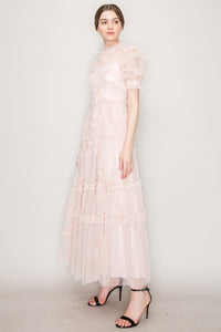 Blush Short Sleeves Dotted Tulle Ruffle Maxi Dress
