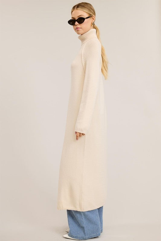 Ecru Turtleneck Tunic Sweater Dress With Slit – Aquarius Brand