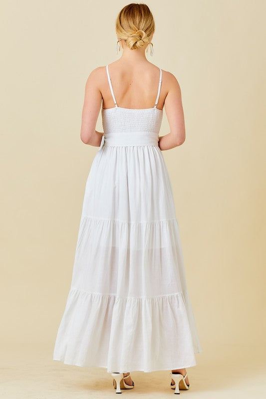 White Smocked Halter Maxi Dress With Belt  Aquarius Brand