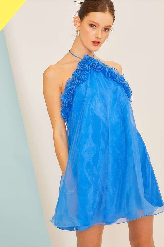 Royal Blue Tie Neck Back Zipper Ruffle Organza Mini Dress  Aquarius Brand
