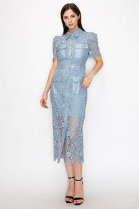 Slate Blue Puff Short Sleeves Buttoned Flower Lace Midi Dress