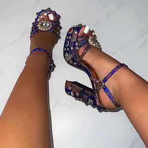 Blue Women's Ankle Strap High Heel Sandals Rhinestone Diamond Chunky Heels