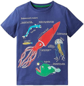 Blue Boys Cartoon Short Sleeve Animals Print Cotton Luminous T-Shirt Tops Summer Casual Tees