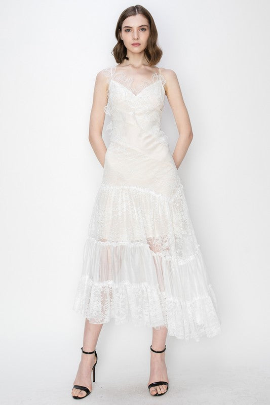 White Floral Lace Sleeveless asymmetric Midi Dress – Aquarius Brand