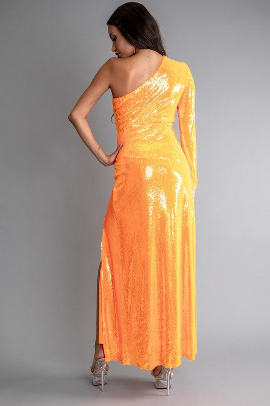 chinese dress ladies Orange Sequin One Shoulder Side Open Maxi Dress – Aquarius Brand