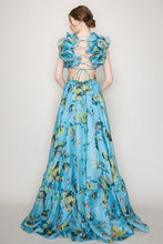 Blue Organza Ruffle Shoulders Floral Tulle Maxi Dress