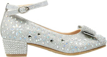 Silver Girl's Dress Shoes Glitter Rhinestone Bow Accent Mary Jane Kids Pumps