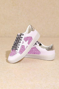 Pink Rubber Sole Lace-Up Glitter Leather Star
