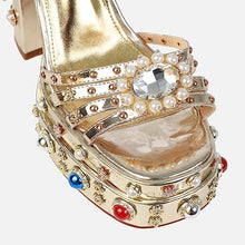 Gold Women's Ankle Strap High Heel Sandals Rhinestone Diamond Chunky Heels