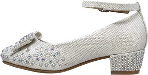 White Girl's Dress Shoes Glitter Rhinestone Bow Accent Mary Jane Kids Pumps