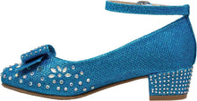 Blue Girl's Dress Shoes Glitter Rhinestone Bow Accent Mary Jane Kids Pumps