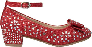Red Girl's Dress Shoes Glitter Rhinestone Bow Accent Mary Jane Kids Pumps