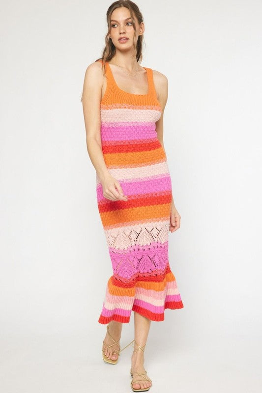chinese dress ladies Orange Combo Colorblock Crochet Mermaid Hem Midi Dress – Aquarius Brand