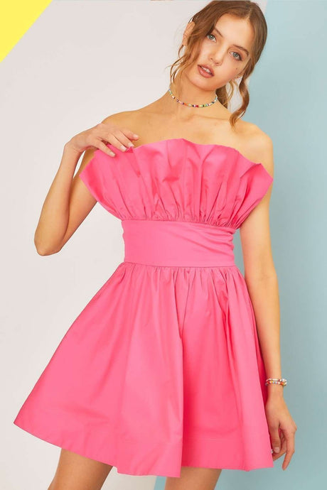 Hot Pink Sleeveless Top Ruffle And Smoking Solid Mini Dress