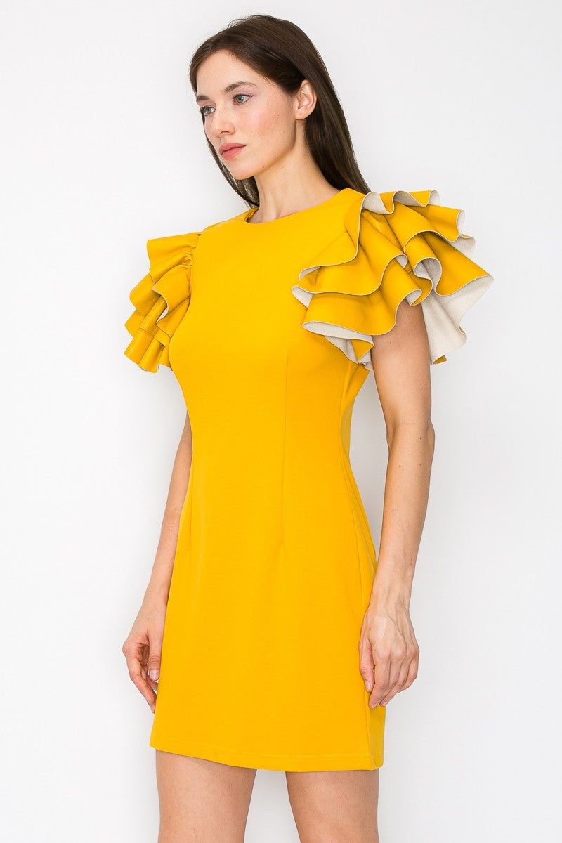 Mustard Faux Leather Ruffled Sleeves Stretch Mini Dress Aquarius Brand Mustard Faux Leather Ruffled Sleeves Stretch Mini Dress Aquarius Brand