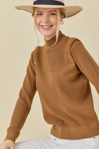 Mocha Shoulder Button Long Sleeve Sweater