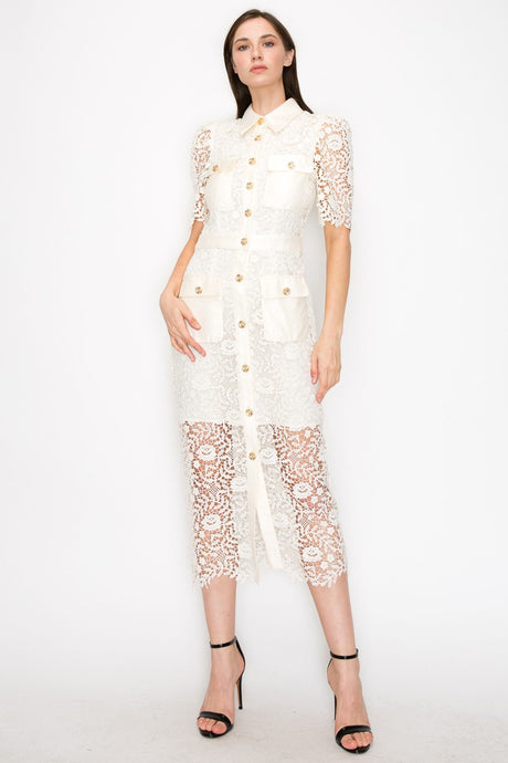 Cream Puff Short Sleeves Buttoned Flower Lace Midi Dress