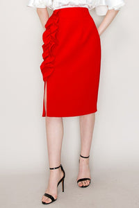 Red High Waist Asymmetric Frill Midi Skirt