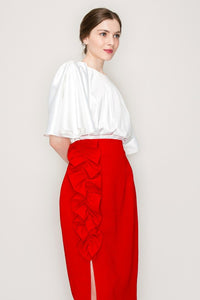 Red High Waist Asymmetric Frill Midi Skirt