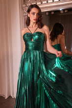 Emerald Halter Pleated Lame' Metallic A-Line Gown