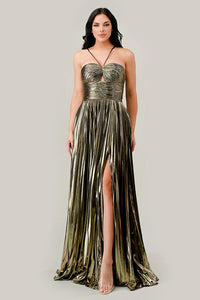 Gold Halter Pleated Lame' Metallic A-Line Gown